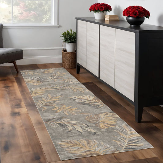 3' X 5' Gray And Taupe Wool Botanical Leaves Hand Tufted Area Rug