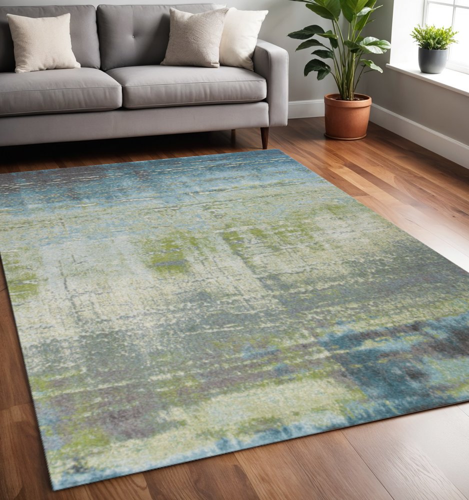 9' X 13' Blue And Green Abstract Area Rug