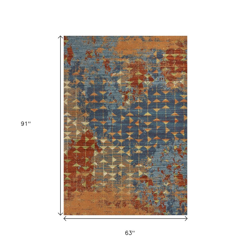 5' X 8' Blue Red And Orange Abstract Area Rug