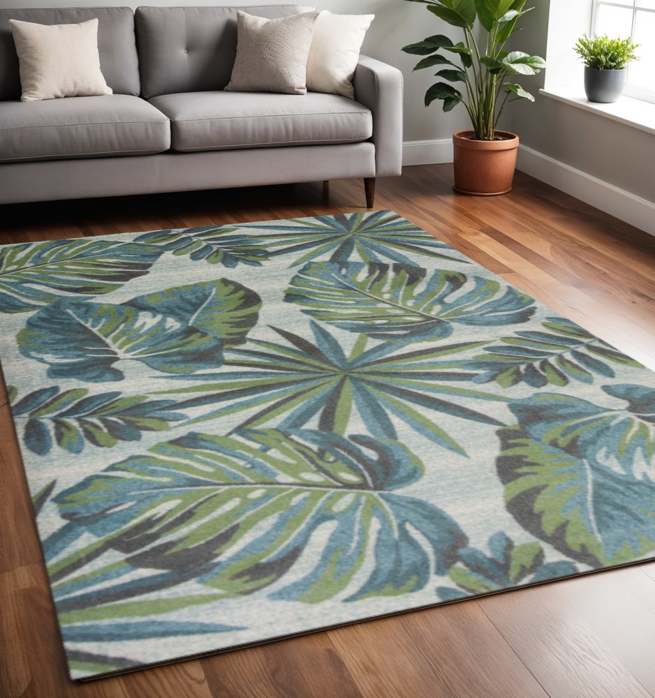 3' X 5' Beige Teal And Green Tropical Botanical Area Rug