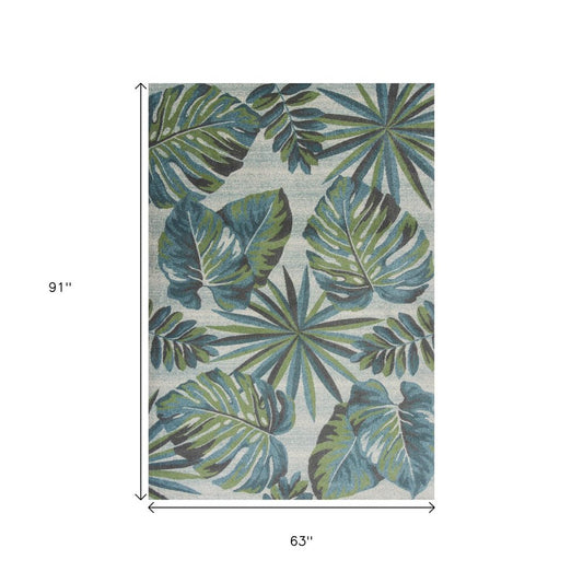 3' X 5' Beige Teal And Green Tropical Botanical Area Rug