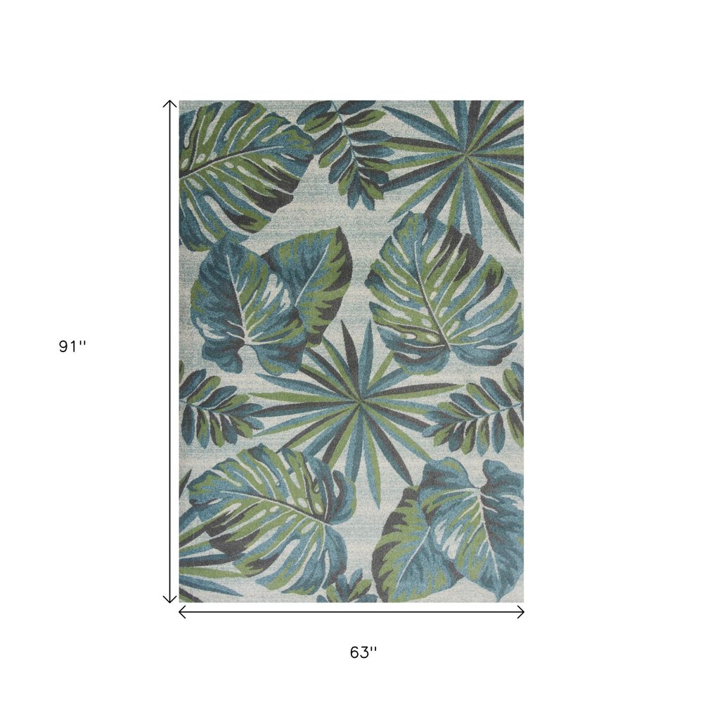 3' X 5' Beige Teal And Green Tropical Botanical Area Rug