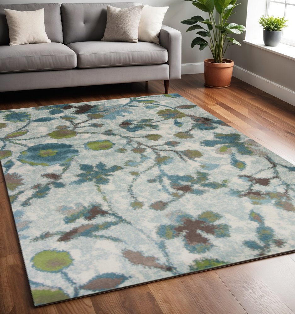 5' X 8' Teal Blue Green And White Floral Vines Area Rug