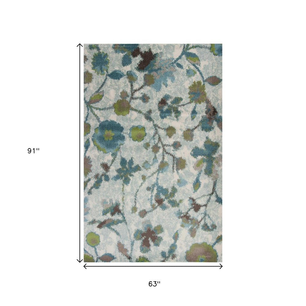 5' X 8' Teal Blue Green And White Floral Vines Area Rug