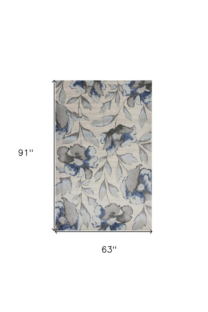 9' X 13' Ivory Blue And Gray Floral Vines Area Rug