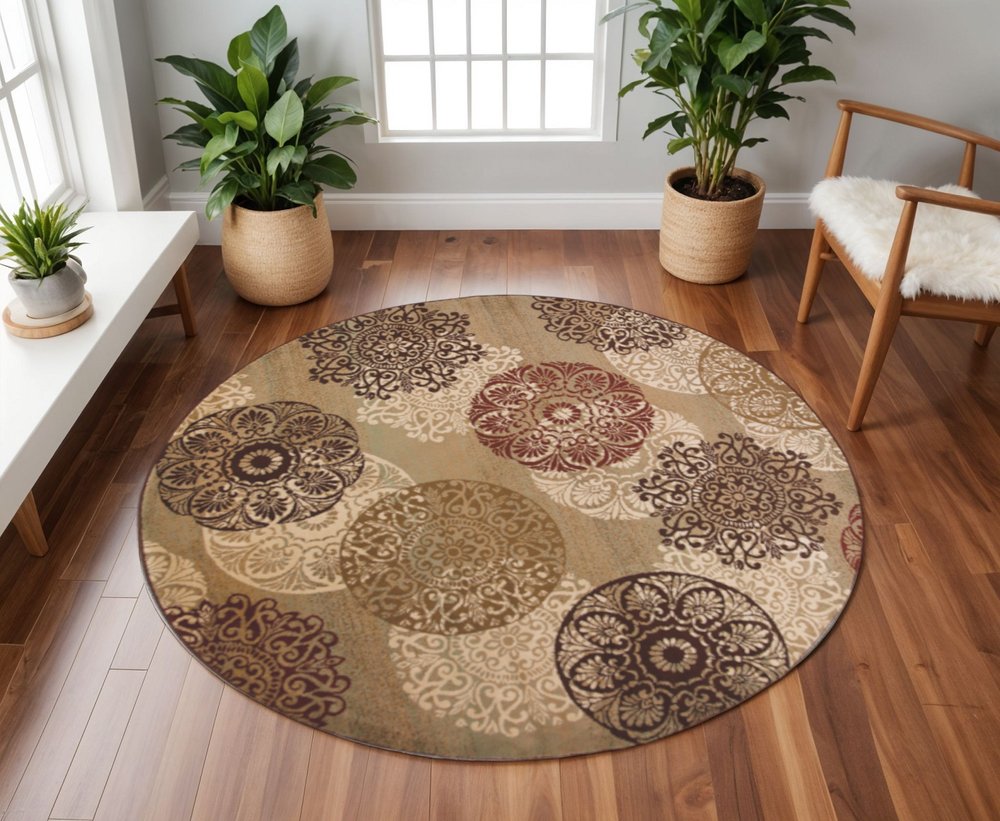5' X 8' Sage Brown And Ivory Floral Medallion Area Rug