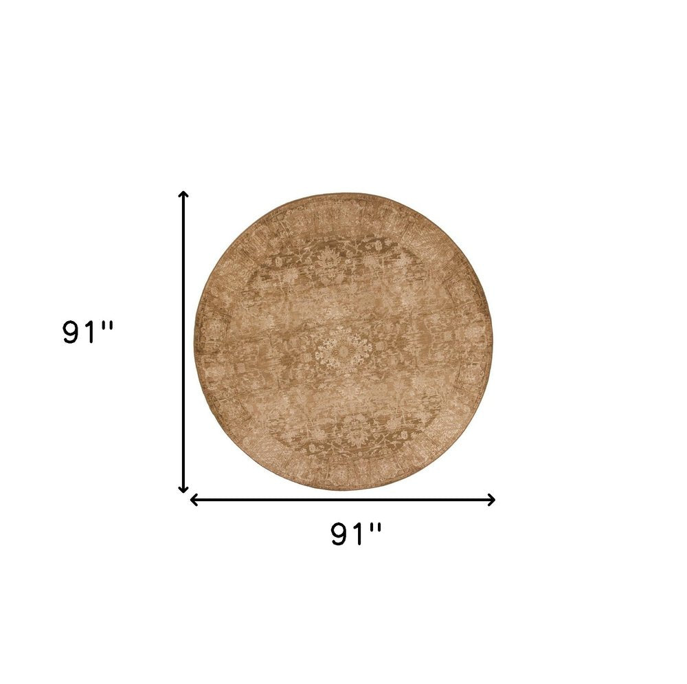 8' Beige And Tan Floral Medallion Distressed Round Rug