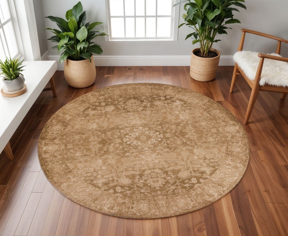 8' Beige And Tan Floral Medallion Distressed Round Rug