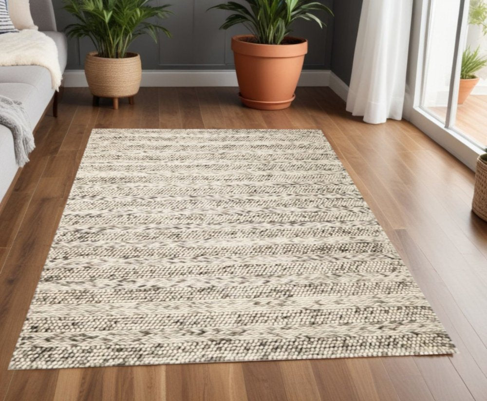 5' X 7' Gray And Ivory Wool Striped Hand Woven Area Rug