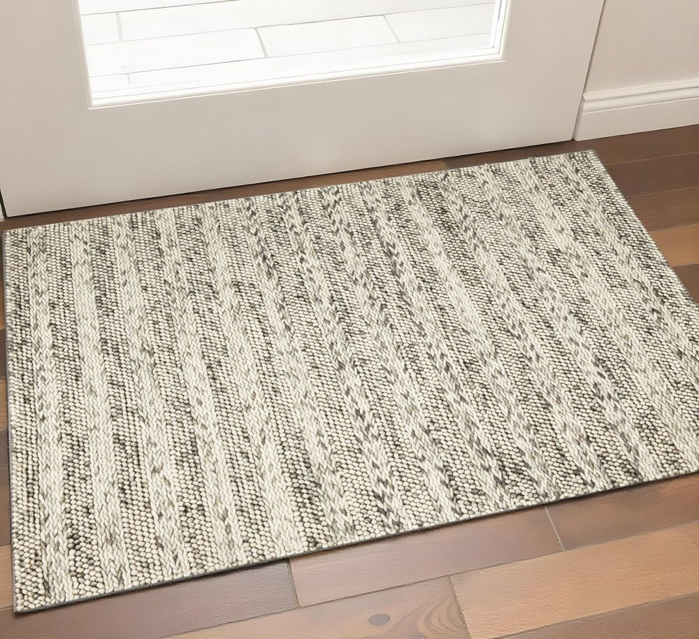 5' X 7' Gray And Ivory Wool Striped Hand Woven Area Rug