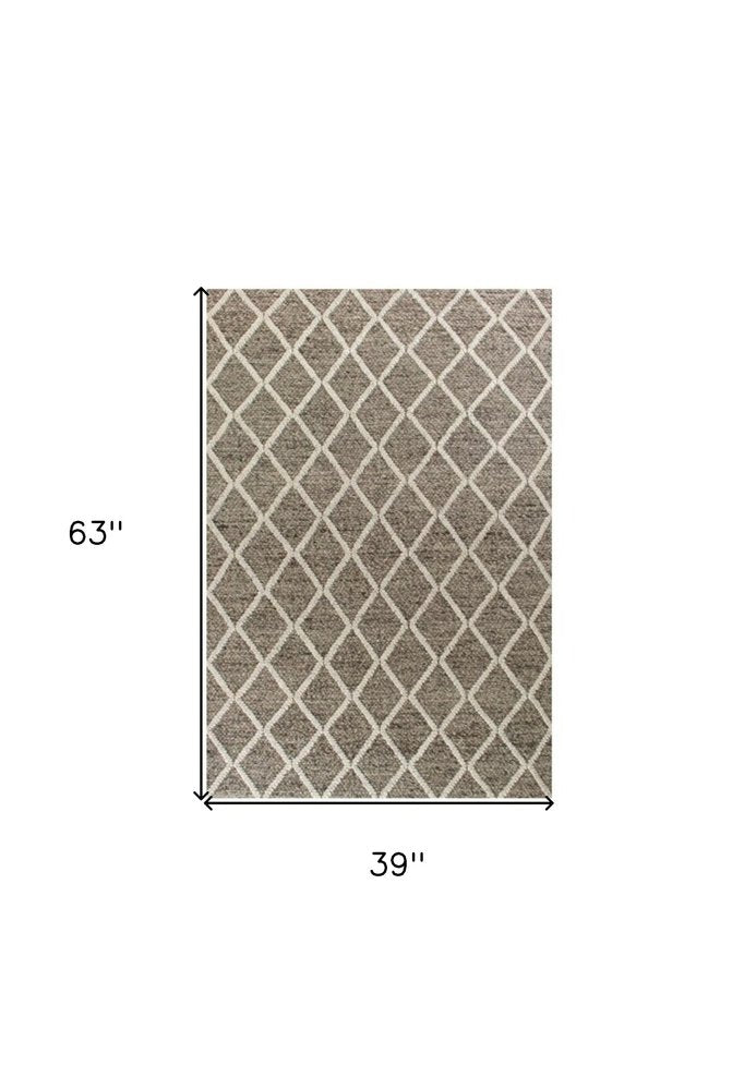 5' X 7' Dark Gray and Ivory Wool Diamond Hand Woven Berber Area Rug