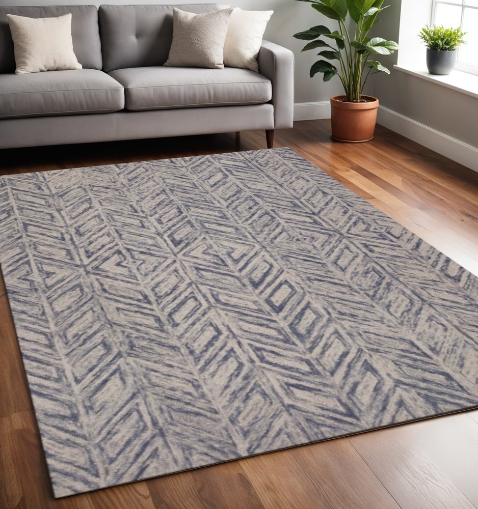 2' X 4' Blue And Beige Wool Chevron Hand Tufted Area Rug