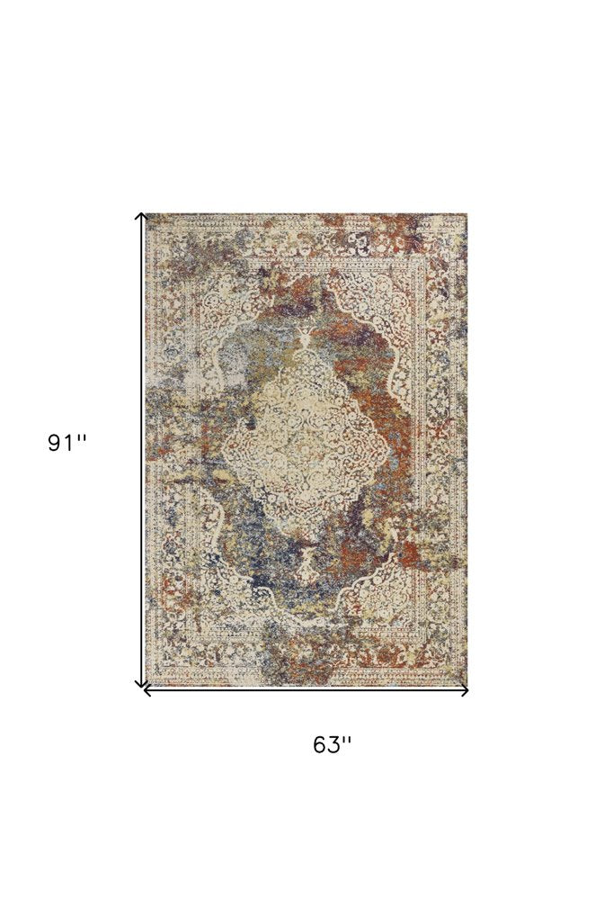5' X 8' Ivory Blue And Orange Medallion Area Rug