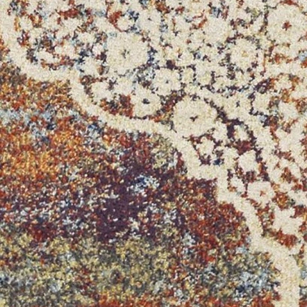 5' X 8' Ivory Blue And Orange Medallion Area Rug