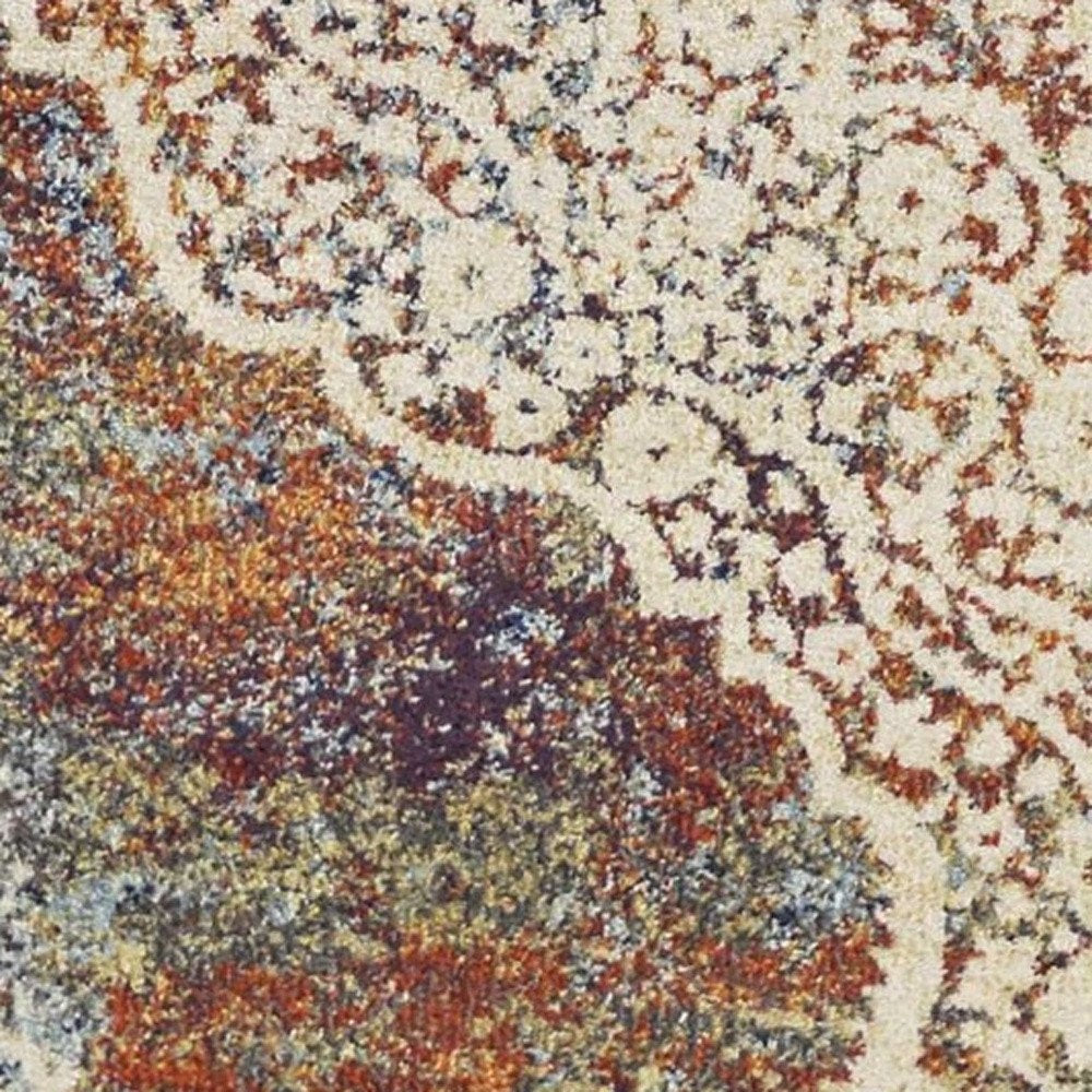 5' X 8' Ivory Blue And Orange Medallion Area Rug