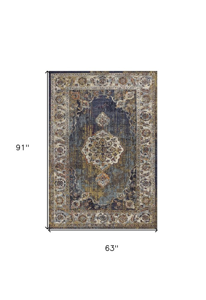3' X 5' Navy Blue Gold And Ivory Medallion Area Rug