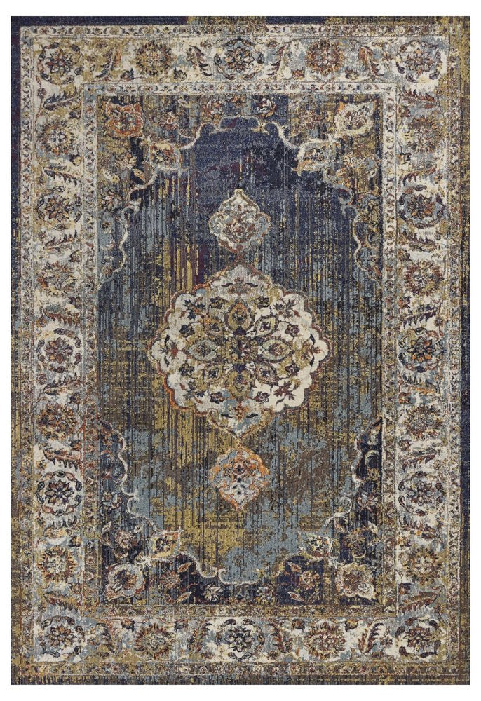 3' X 5' Navy Blue Gold And Ivory Medallion Area Rug