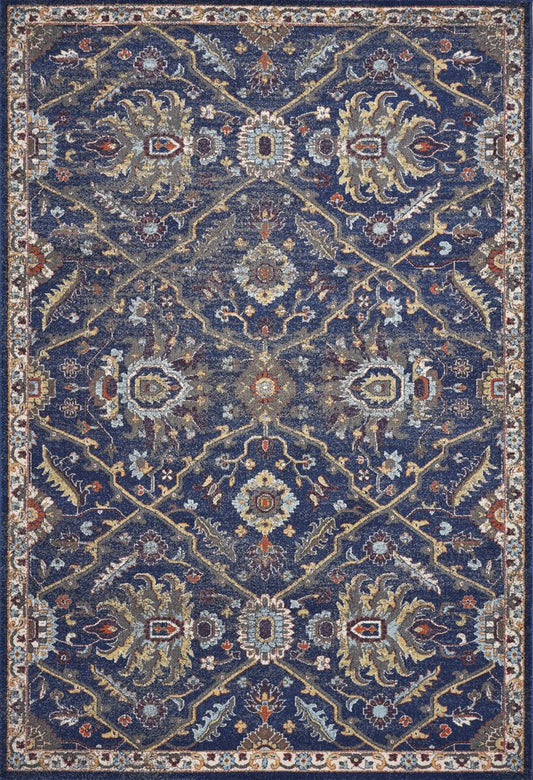 5' X 8' Royal Blue Gold And Gray Medallion Area Rug
