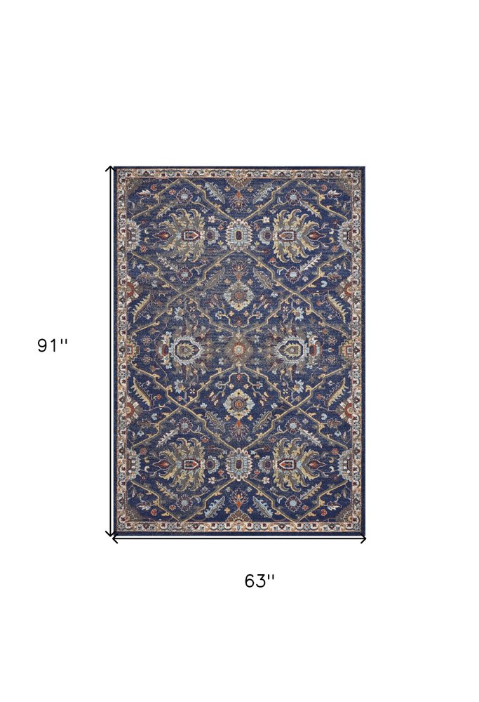 5' X 8' Royal Blue Gold And Gray Medallion Area Rug