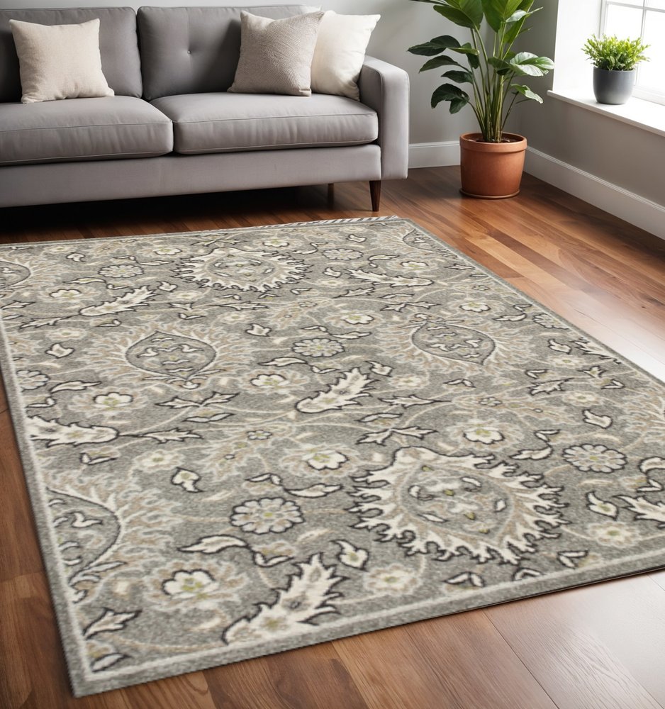 2' X 4' Gray And Ivory Floral Medallion Area Rug