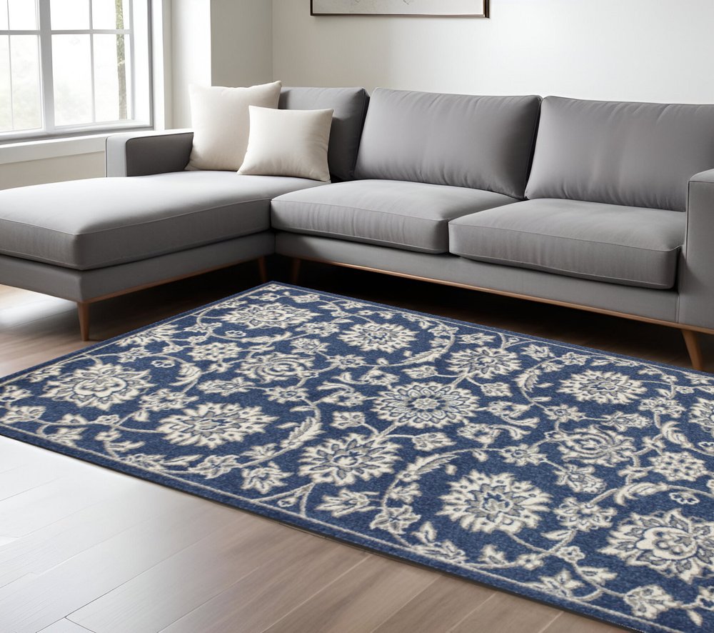 2' X 3' Blue And Ivory Floral Medallion Area Rug