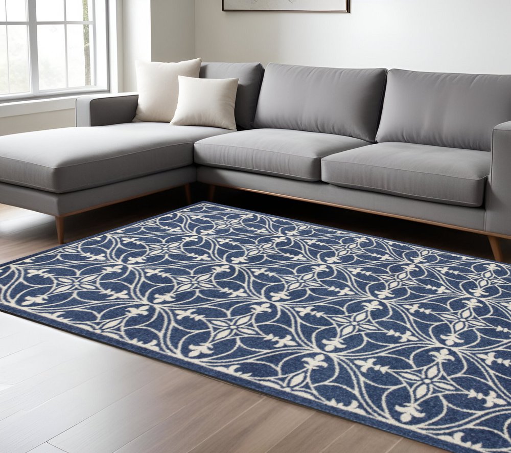 2' X 3' Blue And Ivory Floral Medallion Area Rug