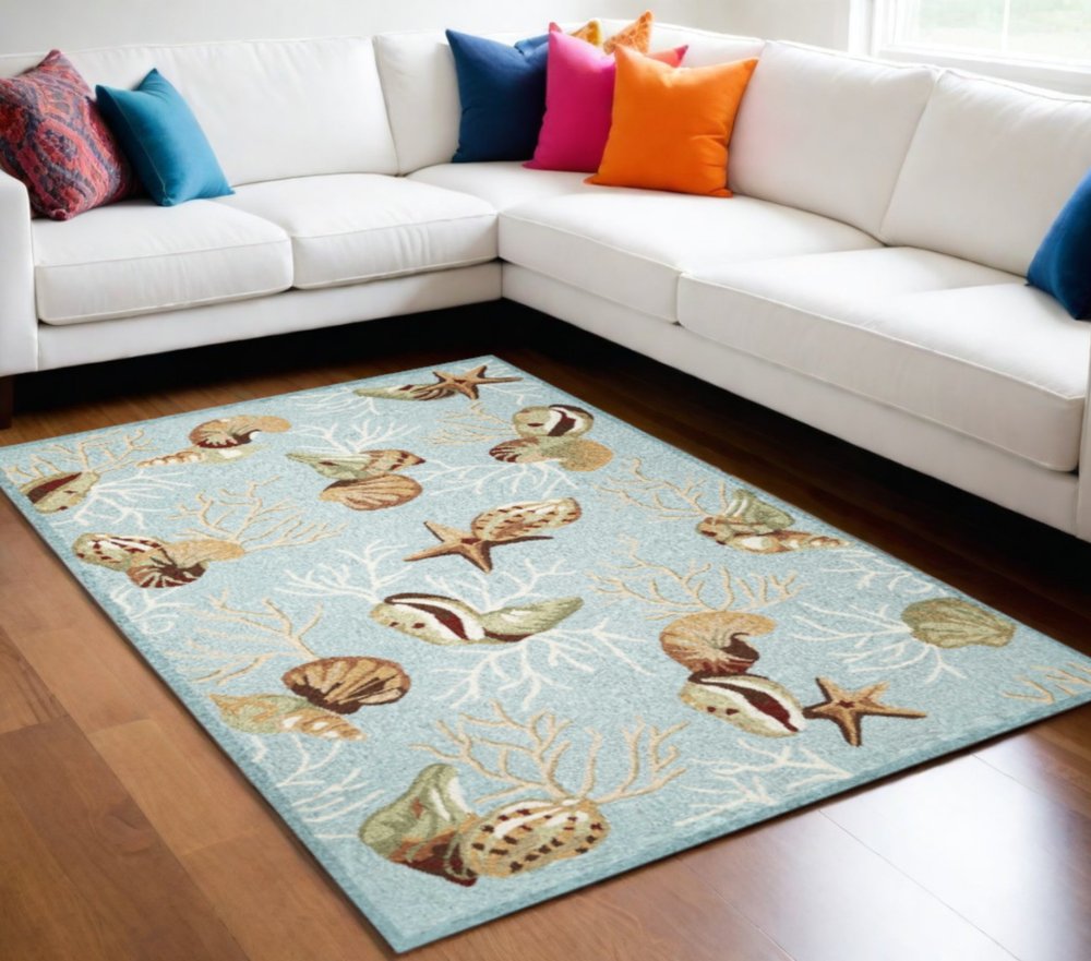 2' X 4' Blue Beige And Green Seashell and Coral Hand Tufted Area Rug