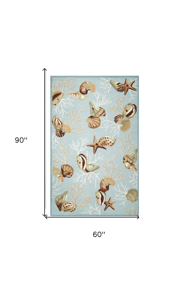 2' X 4' Blue Beige And Green Seashell and Coral Hand Tufted Area Rug