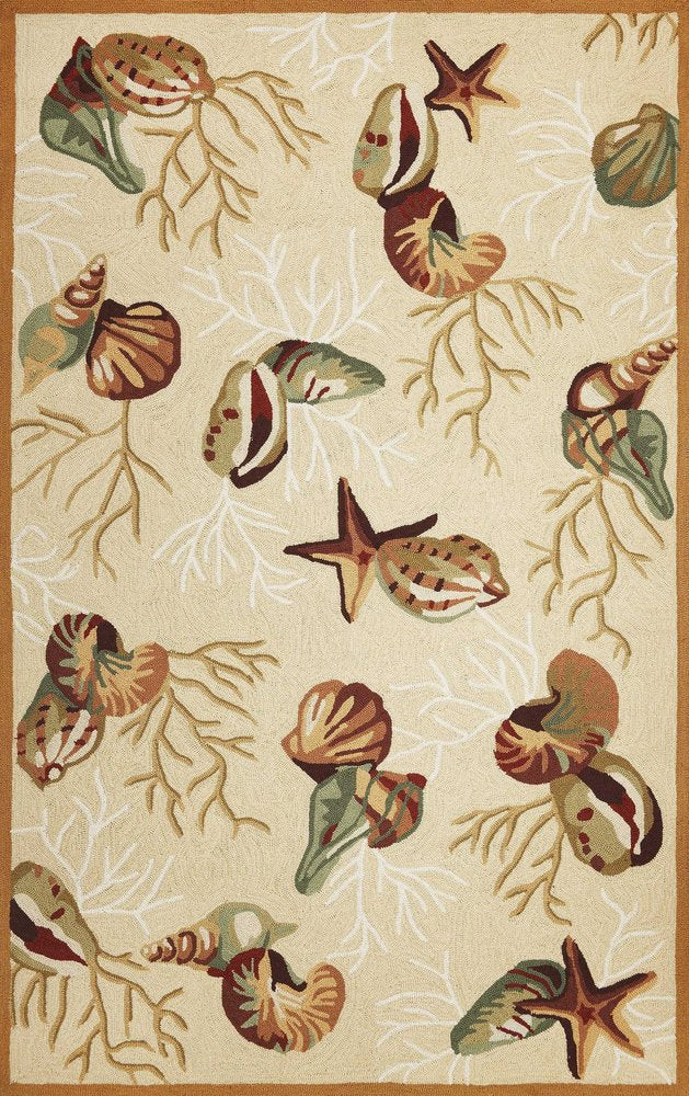 2' X 3' Beige Green And Brown Seashell and Coral Hand Tufted Area Rug