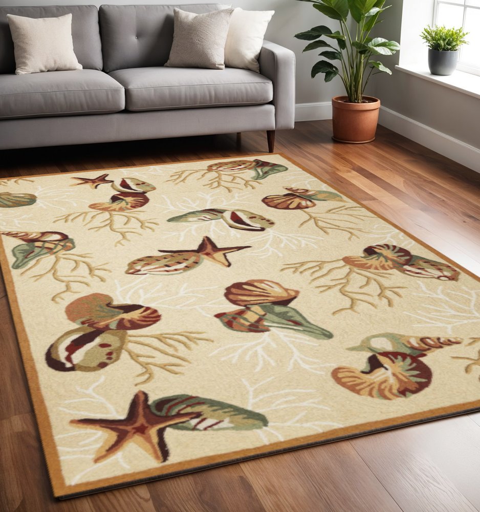 2' X 3' Beige Green And Brown Seashell and Coral Hand Tufted Area Rug