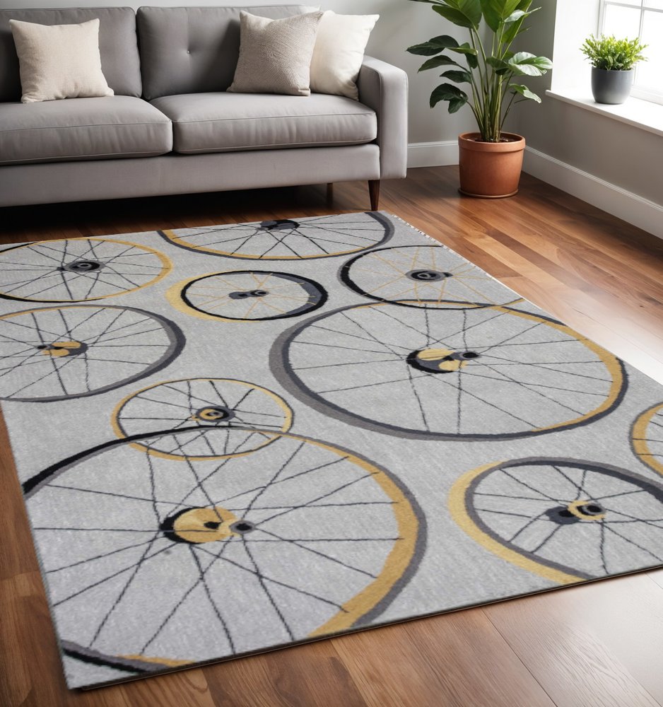 7' Gray Black And Yellow Abstract Geometric Hand Tufted Runner Rug