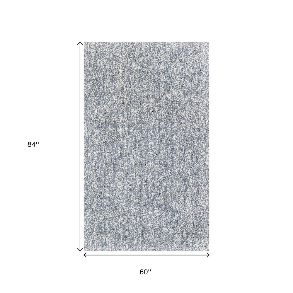 5' X 7' Slate Blue And Ivory Abstract Shag Hand Woven Area Rug