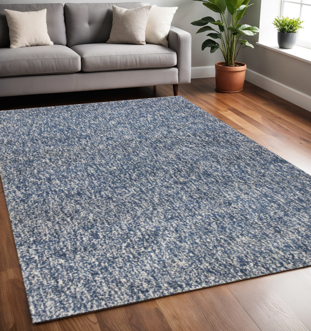 8' X 11' Indigo And Ivory Abstract Shag Hand Woven Area Rug