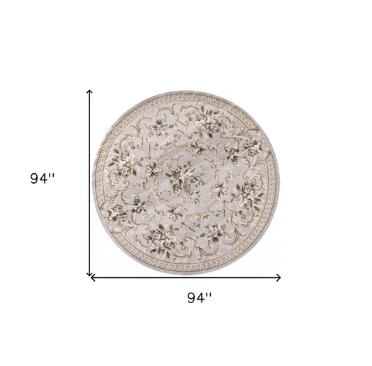 8' Light Gray Green And Tan Floral Medallion Round Rug