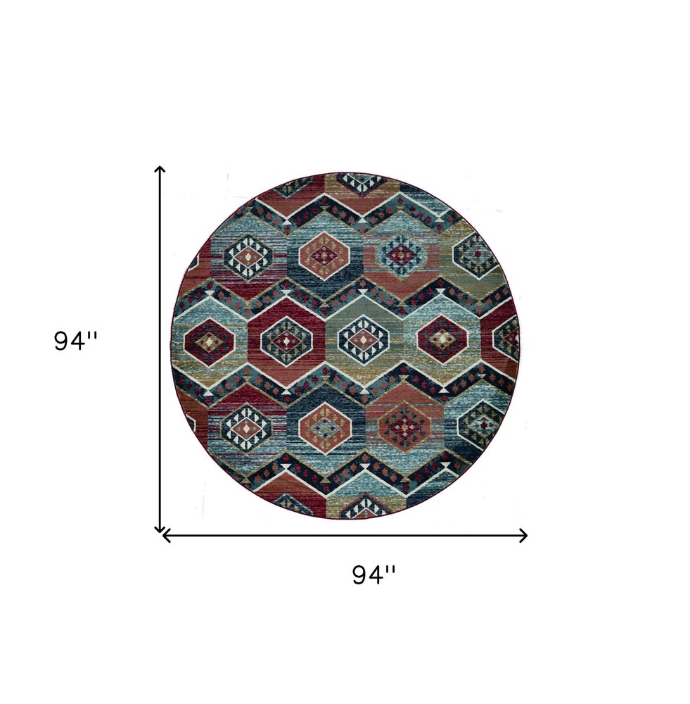 7' Red And Blue Geometric Round Rug