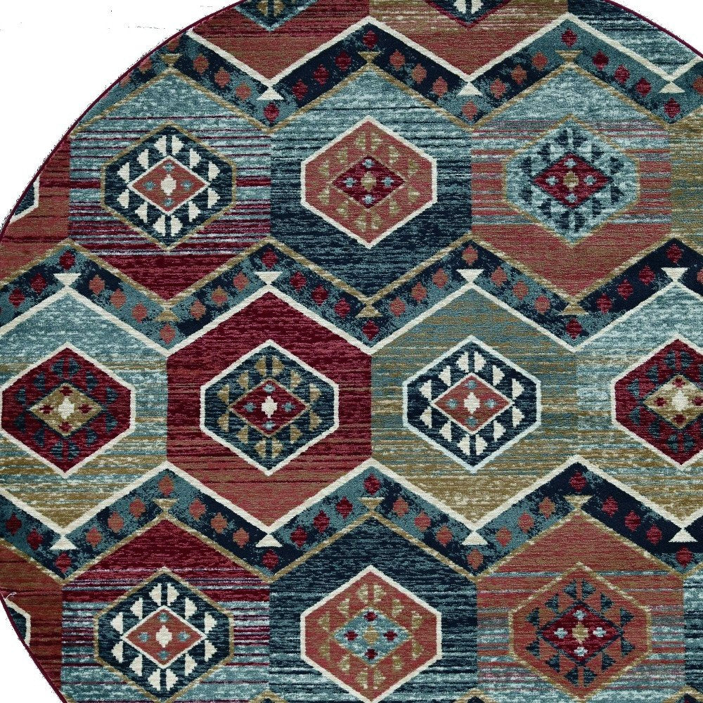 7' Red And Blue Geometric Round Rug