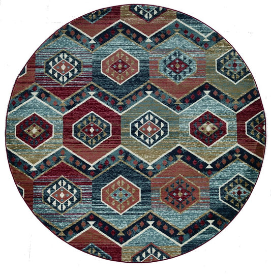 7' Red And Blue Geometric Round Rug