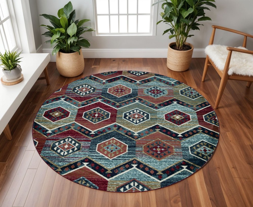 7' Red And Blue Geometric Round Rug
