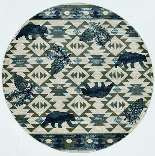 8' Ivory And Blue Southwestern Round Rug