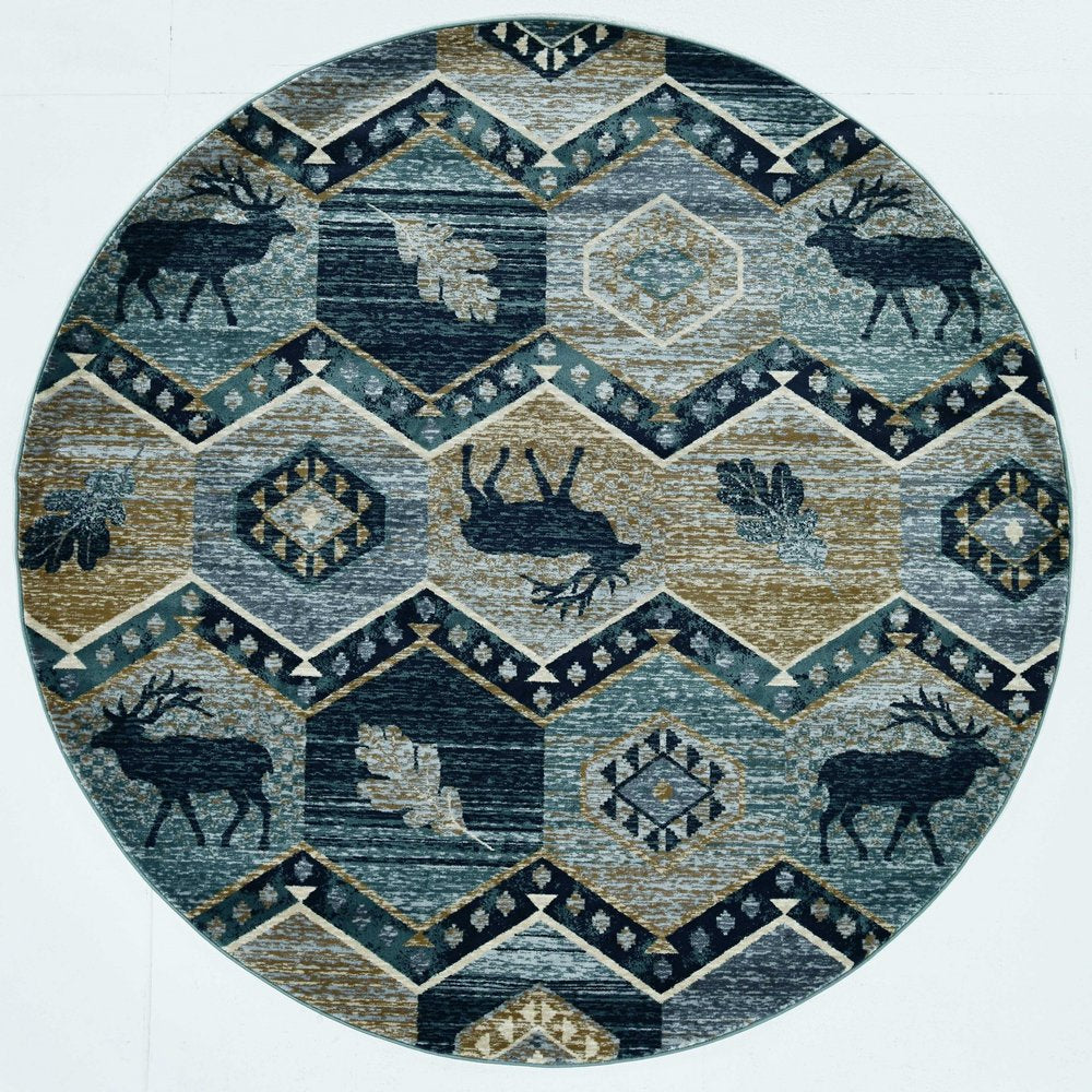 8' Blue And Green Woodland Lodge Round Rug