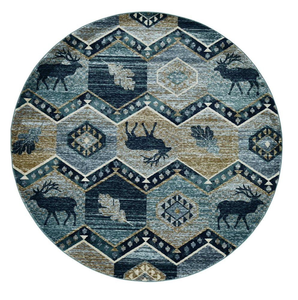 8' Blue And Green Woodland Lodge Round Rug