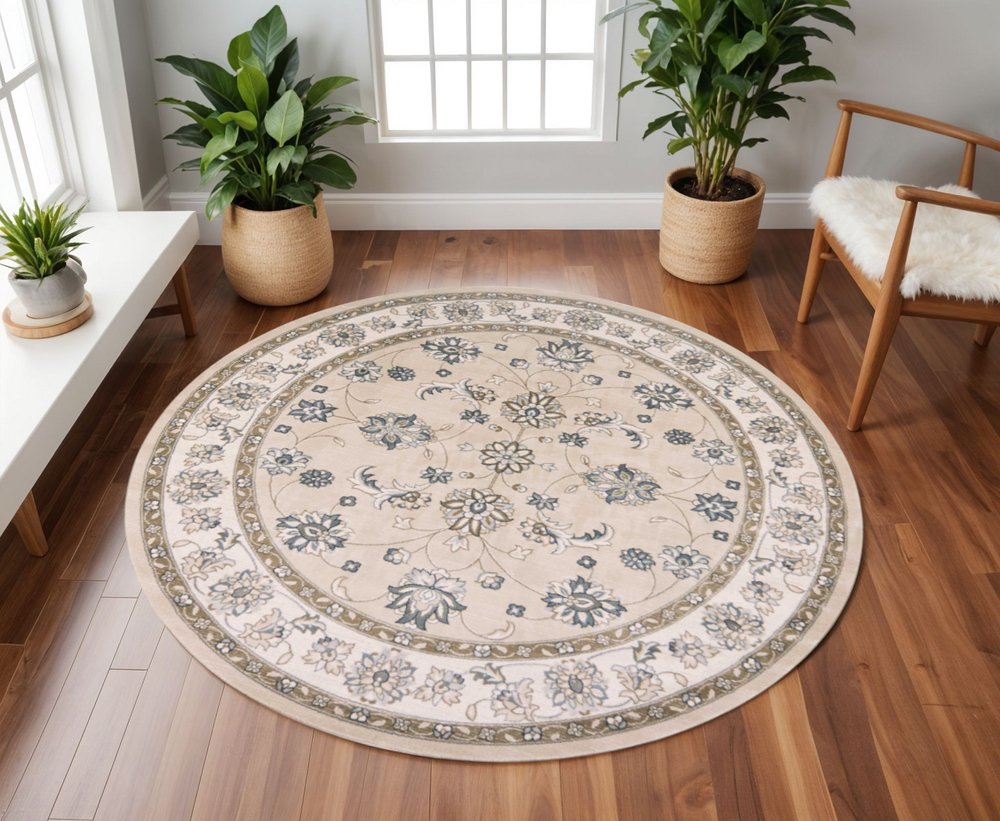 5' X 8' Beige And Ivory Floral Medallion Area Rug