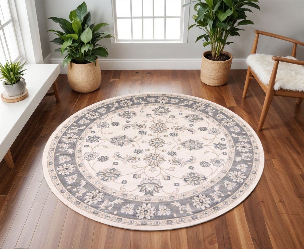 8' Gray And Ivory Floral Medallion Runner Rug