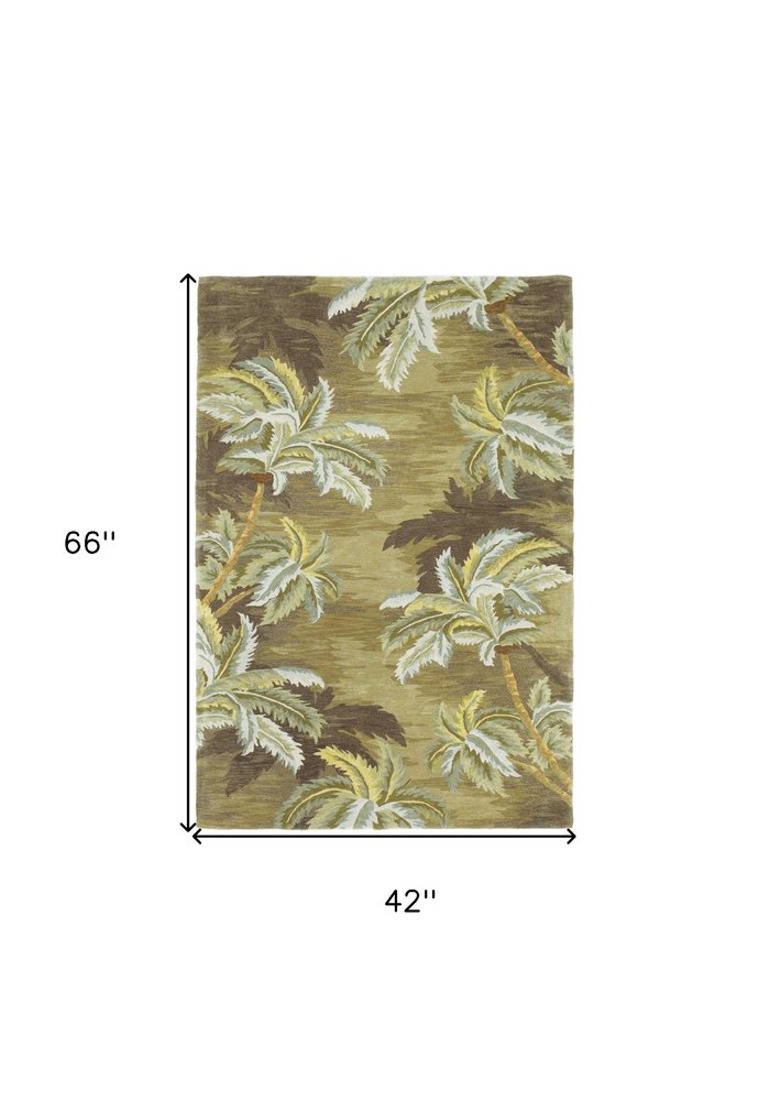 5' X 8' Moss Green And Yellow Wool Tropical Botanical Hand Tufted Area Rug