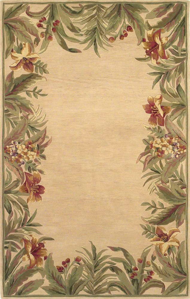 8' X 11' Beige Red And Green Wool Tropical Floral Hand Tufted Area Rug