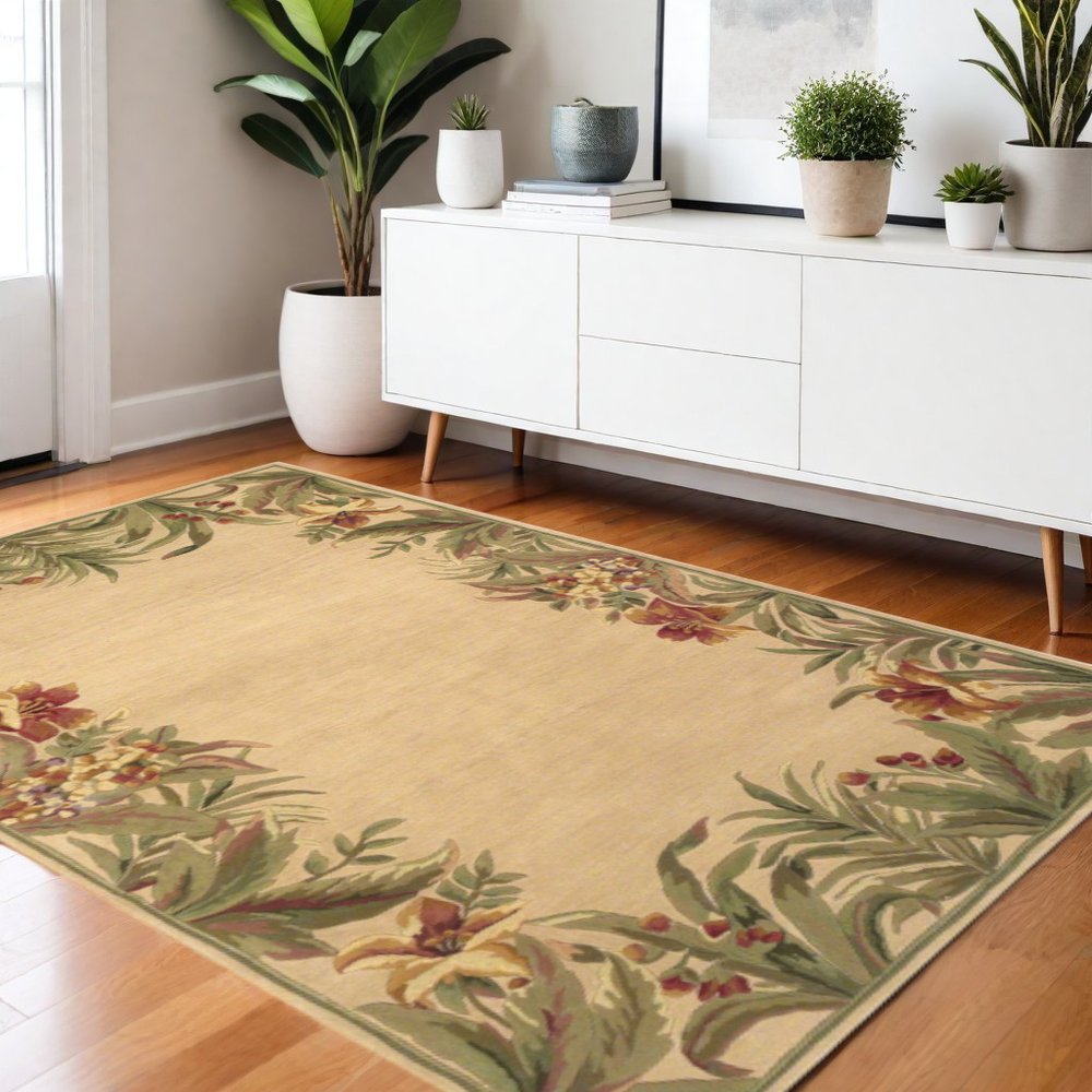 8' X 11' Beige Red And Green Wool Tropical Floral Hand Tufted Area Rug