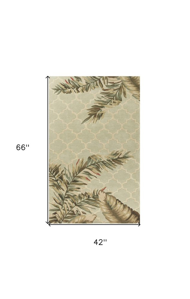 4' X 6' Sage Taupe And Green Wool Tropical Botanical Hand Tufted Area Rug