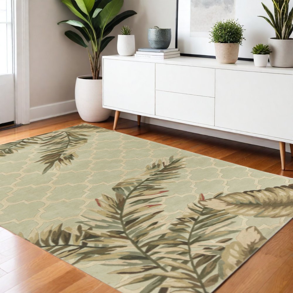 4' X 6' Sage Taupe And Green Wool Tropical Botanical Hand Tufted Area Rug