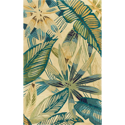 8' X 10' Ivory Teal And Green Wool Tropical Botanical Hand Tufted Area Rug