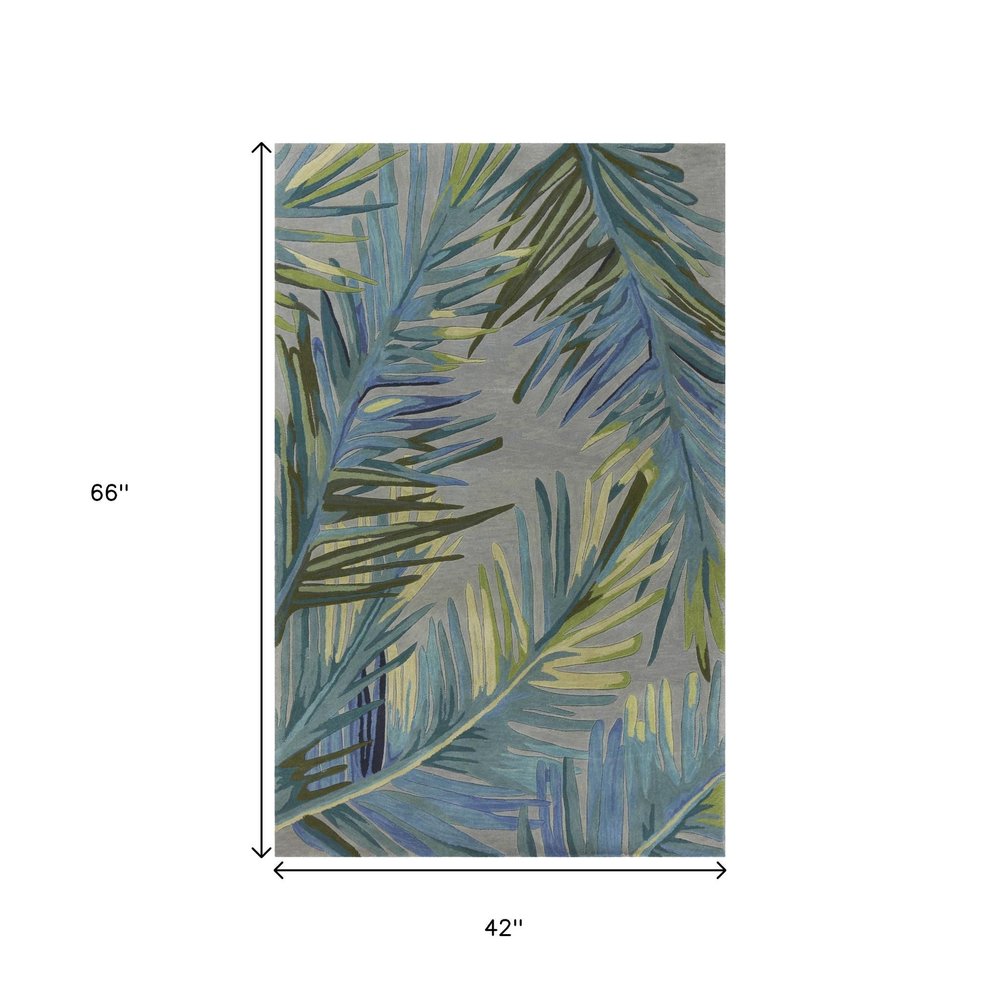 9' X 12' Gray And Blue Wool Tropical Botanical Hand Tufted Area Rug